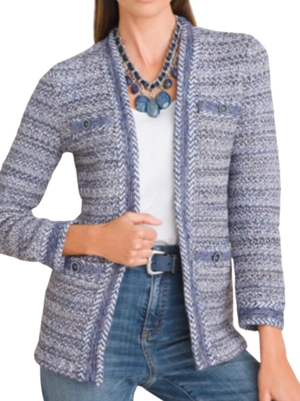 Chico's Blue Tweed Open Front Cardigan Sweater Jacket